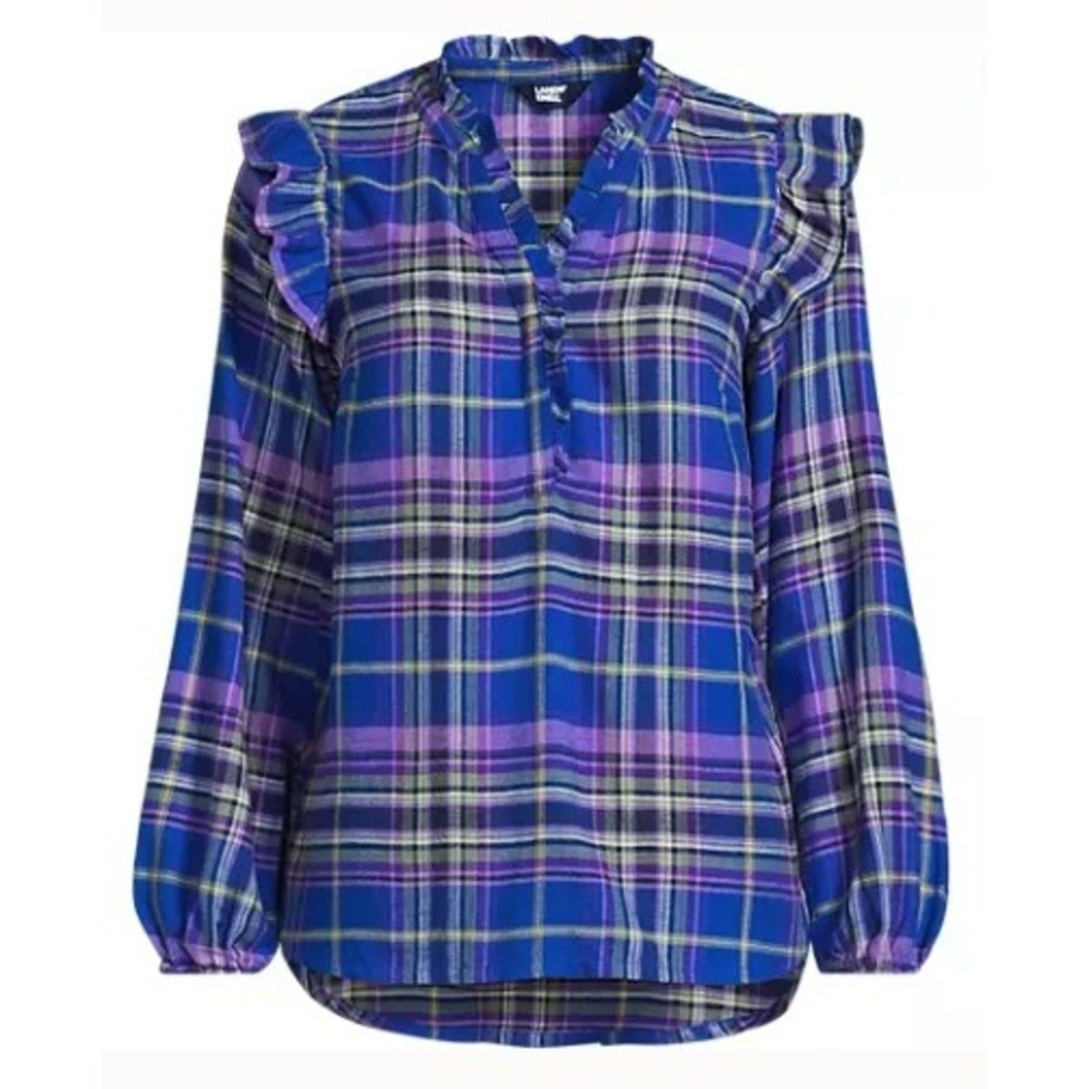 Lands End Flannel Popover Blouse Womens 3X Cobalt Blue Bright Grape Plaid NWT